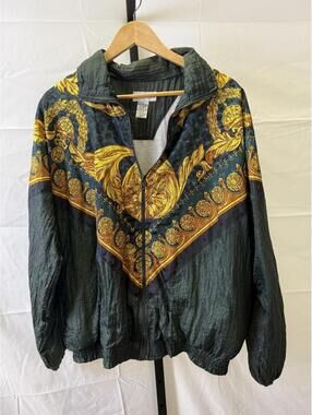 Lauren Brooke Women's XL Windbreaker Jacket with Ornate Gold Pattern Vintage 90s
